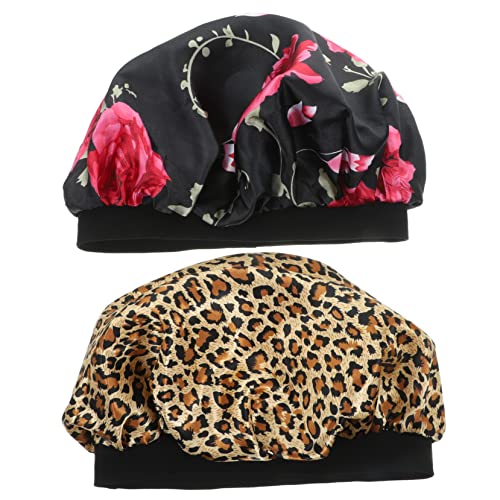 TOVINANNA Elastisches Satin-hauben-set Mit Breiter Krempe Haarwickel Zum Schlafen Kochen Bequem Für Frauen Schwarz Blumen-leopard von TOVINANNA
