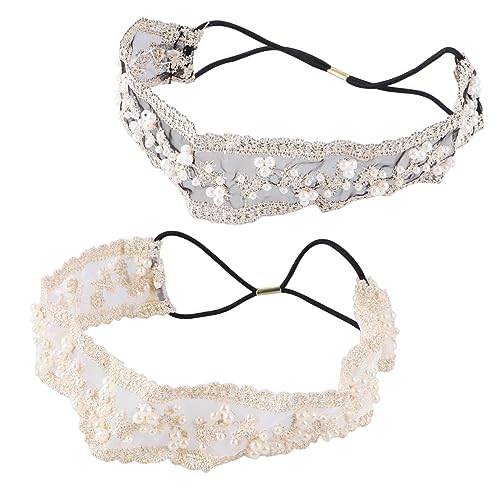TOVINANNA 2 Stück Spitzenstirnbänder Für Damen Elastische Haarschmuck Mit Perlen Zartes Kopfband Für Hochzeiten Und Festivals Schwarz Und Beige von TOVINANNA
