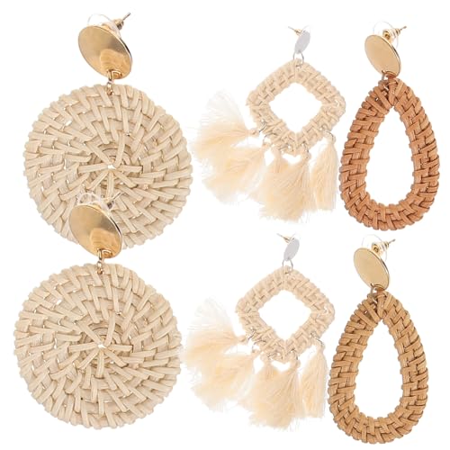 TOVINANNA 3 Paare Damen Rattan Ohrringe Strandstil Leicht Geflochtenes Design Tropfen Eckig Rund Formen Schmuck Für Urlaub Party von TOVINANNA