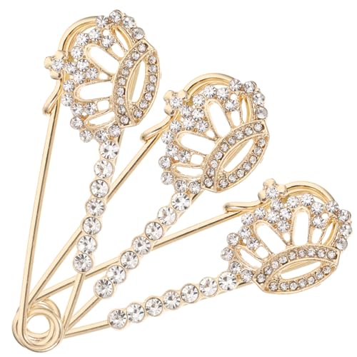 TOVINANNA 3 Stück Strassbroschen Kronenform Stilvolle Sicherheitsnadeln für Damen Modische Schmucknadeln für Strickjacken und Schals Goldfarbene Accessoires für Alltag und Party von TOVINANNA