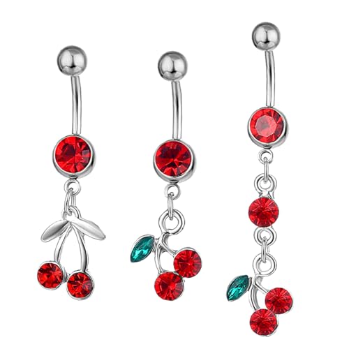 TOVINANNA 3 Stück Teiliges Bauchnabelpiercing mit funkelnder Kirsche Anhänger Chirurgischer Edelstahl Glänzend Modisch für Damen als Körperschmuck zu Besonderen Anlässen von TOVINANNA