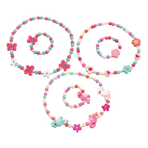 TOVINANNA 3Sätze Holzperlen Schmuck Set für Bunte Halskette und Armband Set mit Blumen Flamingo und Schmetterling als für Mädchen DIY Schmuck für Kreative Bastelprojekte von TOVINANNA
