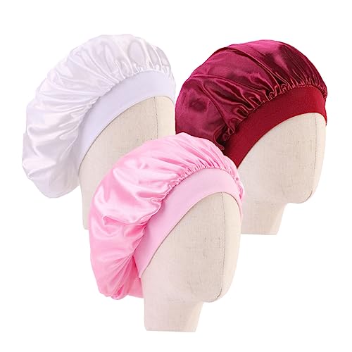 TOVINANNA 3stücke Kindermütze Schlafmütze Satin Haarhaube Nachtmütze Mit Breiter Krempe Für Junge Mädchen Weiß Rosa Weinrot von TOVINANNA
