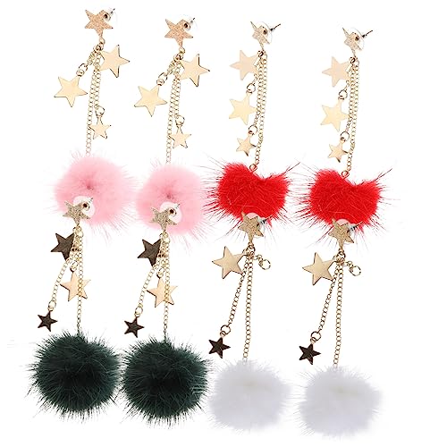 TOVINANNA 4 Paare Faux Fur Ball Quastenohrringe für Damen Weiß Rot Grün Rosa Pom Pom Ohrhängern für Accessoires für Einen Charmanten Look von TOVINANNA