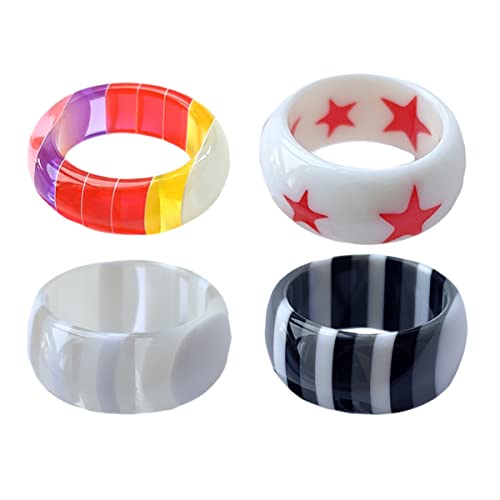 TOVINANNA 4 Stück Teiliges Kreatives Einzigartiges Finger Ring Harz Modischer Schmuck mit Mehrfarbigen Gestuften Designs für Frauen und Besondere Anlässe von TOVINANNA