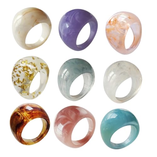 TOVINANNA 9Stücke Harz Fingerringe Stylische Fingerdekor Ringe für Damen Klobige Retro Ringe Leicht Tragbar für Partys und Alltagsmode von TOVINANNA