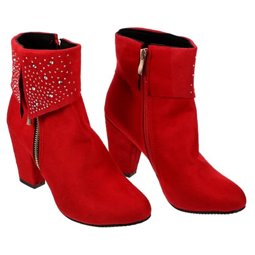 TOVINANNA Damen Ankle Booties Rot Winterstiefel mit Blockabsatz und Strass Hochzeit Kurzschaft Elegant für Herbst und Winter von TOVINANNA