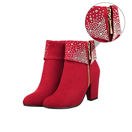 TOVINANNA Damen Ankle Boots mit Dickem Blockabsatz Rote Kurzstiefel mit Funkelnden Strasssteinen Bequeme und Langlebige PU Sohle für Hochzeit und Festliche Anlässe von TOVINANNA