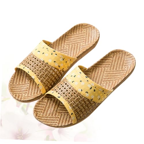 TOVINANNA Damen Hausschuhe mit Rutschfester Sohle Bedruckte Offene Zehen Dicke Sohle Atmungsaktive Leinen Slipper für Sommer Angenehm für Drinnen und Draußen Gelb von TOVINANNA