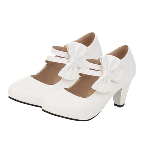 TOVINANNA Damen High Heels mit Breitem Absatz und Schleifen dekor Elegante PU Lederschuhe rutschfeste Sohle Modische Pumps für Frauen und Mädchen Vielseitig Kombinierbar Weiß von TOVINANNA