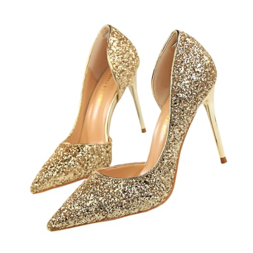 TOVINANNA Damen High Heels mit Dünnem Absatz Spitz Zulaufend Glitzernde Pailletten Leichte und Bequeme Pumps für Party Nachtclub und Festliche Anlässe Goldfarben von TOVINANNA