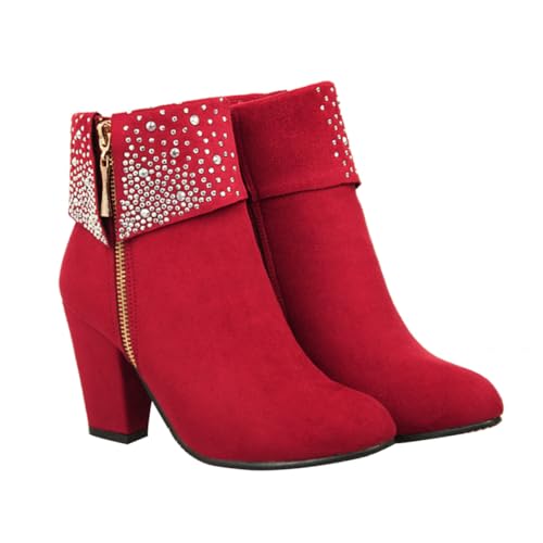 TOVINANNA Damen Hochzeit Ankle Boots mit Verstecktem Absatz Rote Kurze Stiefeletten mit Strass Grober Absatz Eleganter Brautschuh für Herbst und Winter von TOVINANNA