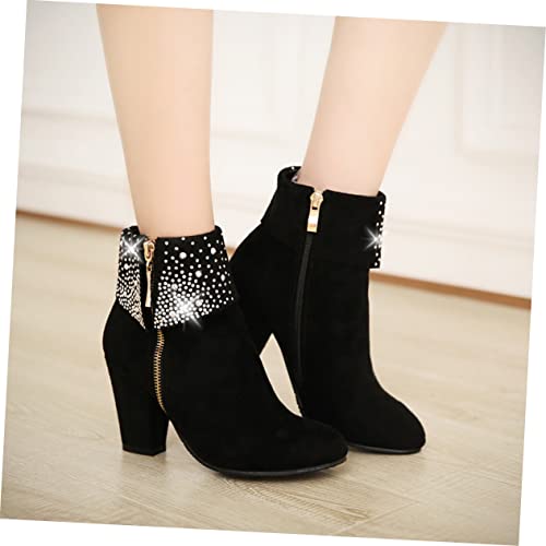 TOVINANNA Damen Kurzstiefel mit Dickem Absatz und Funkelnden Strasssteinen Wedges Boots für Hochzeit Party und Alltag Modisch Schwarz von TOVINANNA