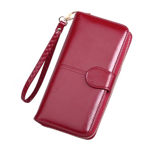 TOVINANNA Damen Langbörse aus ölgewachstem PU Material mit Reißverschluss und Druckknopf Geräumige Geldbörse für Karten Münzen und Bargeld Eleganter Geldbeutel in Weinrot für Alltag und von TOVINANNA