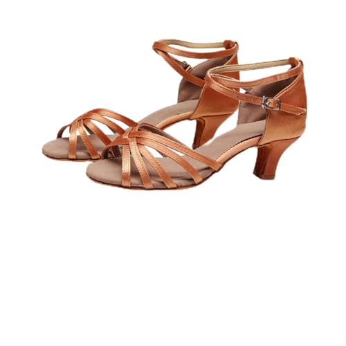TOVINANNA Damen Latin Dance Schuhe Satin Obermaterial Absatz Verstellbare Schnalle Komfortable Latein Tanzschuhe für Standard Ballroom Party Hochzeit Deep Skin von TOVINANNA