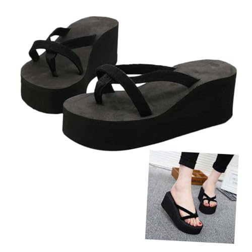 TOVINANNA Damen Sandalen Keilabsatz Schwarz Plateau Slipper Sommer Flops mit Keilabsatz Rutschfeste Sohle Bequeme Strandschuhe für Freizeit und Alltag von TOVINANNA