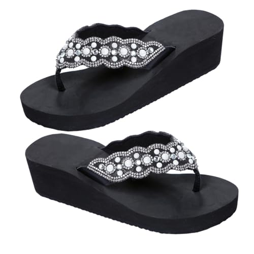 TOVINANNA Damen Sandalen Sommer Plateau mit Rutschfester Perlen Diamantverzierung Leichter Keilabsatz Bequeme Strand Poolschuhe Schwarz Modische Flipslops TOVINANNA Damen Sandalen Sommer Plateau mit Rutschfester Perlen Diamantverzierung Leichter Keilabsatz Bequeme Strand Poolschuhe Schwarz Modische Flipslops von TOVINANNA