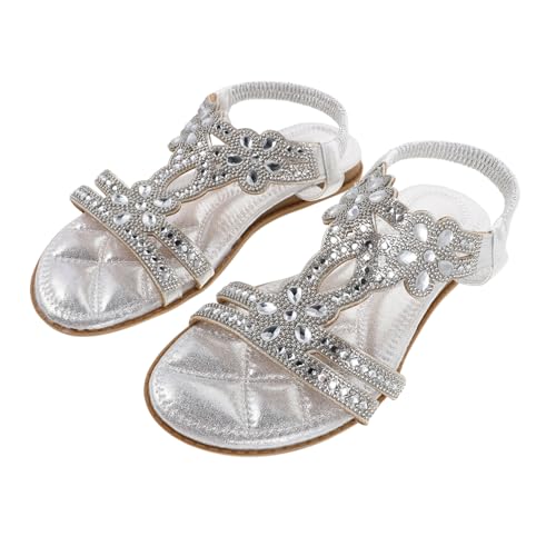 TOVINANNA Damen Sandalen mit Funkelnden Strasssteinen Sommer Schuhe Bequeme Flache Sandaletten für Strand und Alltag Modische Damenschuhe Silber von TOVINANNA