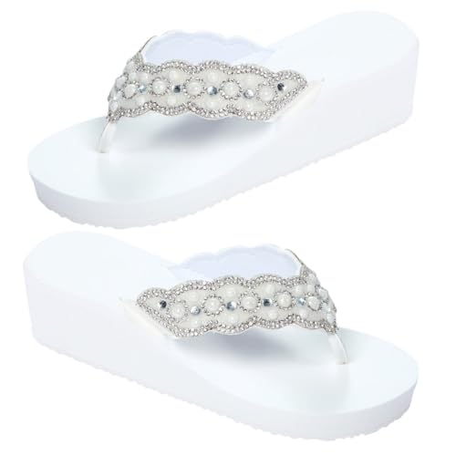 TOVINANNA Damen Sommer Sandalen mit Perlen und Strass Rutschfeste Strand Schuhe Weiße Flip Flops Bequeme Modische Badeschuhe für Frauen von TOVINANNA