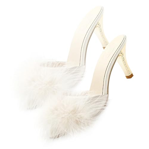 TOVINANNA Damen Sommerschuhe Flauschige High Heel Slipper Weiß Beige Rutschfeste Sohle Komfortable Offene Zehen Elegante Damen Hausschuhe von TOVINANNA