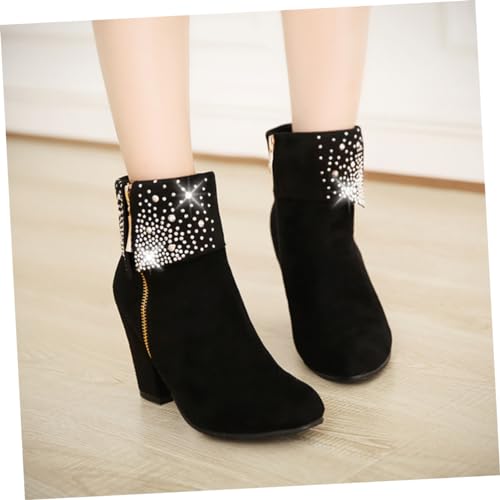 TOVINANNA Damen Stiefeletten mit Dicksohligem Blockabsatz Strassverziert Kurzschaftig Komfortabel und Robust für Hochzeit Party und Formelle Anlässe Schwarz von TOVINANNA