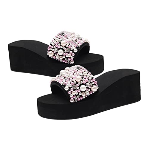 TOVINANNA Damen Wedgesandalen Sommer Keilabsatz Rutschfest Strandschuhe mit Stilvoller Perlenverzierung und Leicht Auszuziehen Outdoor Fußbekleidung Rosa von TOVINANNA