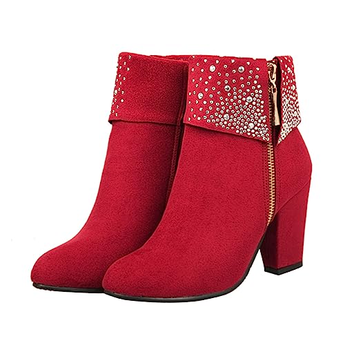 TOVINANNA Damen Winter Hochzeit Boots mit Grobem Absatz und Funkelnden Strasssteinen Kurze Stiefeletten in Rot Modisch für Party Date und Festliche Anlässe von TOVINANNA