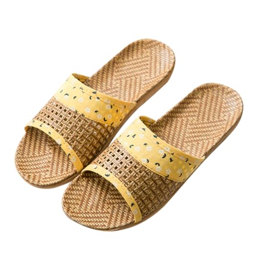 TOVINANNA Dicke Rutschfeste Hausschuhe mit Druck Offene Zehen Atmungsaktiv und Strapazierfähig Gelb mit Blumenmuster Bequeme Flache Sommerschlappen für Damen und Herren für Zuhause und von TOVINANNA