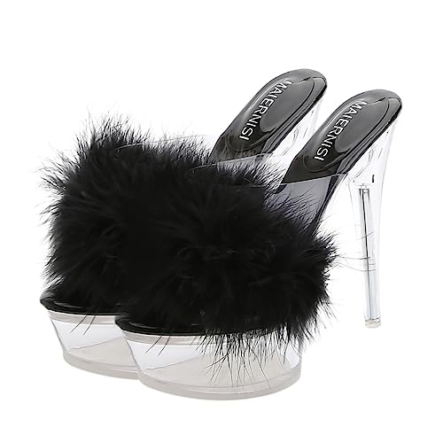 TOVINANNA Fluffy High Heel Sandalen Damen Stylische Thin Heel Slippers mit Transparent Plattform Schuhe Vielseitig Kombinierbar für Jeans Röcke Shorts Geschenkidee von TOVINANNA