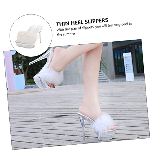 TOVINANNA Fluffy Sandalen Damen Transparent High Heels mit Dünnem Absatz Sandalen Elegant für Alltag und Party Geeignet Weiß von TOVINANNA