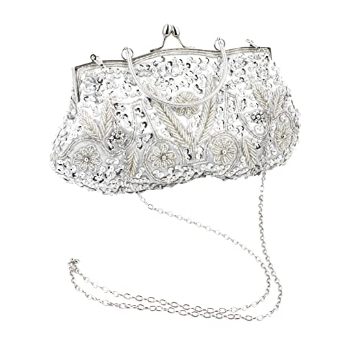 TOVINANNA Handgefertigte Damen Abendtasche mit Perlenstickerei Clutch für Partys und Hochzeiten Silbernes Vintage Design als für Frauen und Freundinnen von TOVINANNA