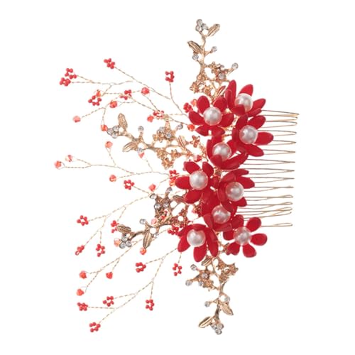 TOVINANNA Handgefertigter Perlen Haar Insert Kamm für Bräute Rotes Blumen Haar Accessoire Kopfstück für Hochzeiten Partys und Abschlussball von TOVINANNA