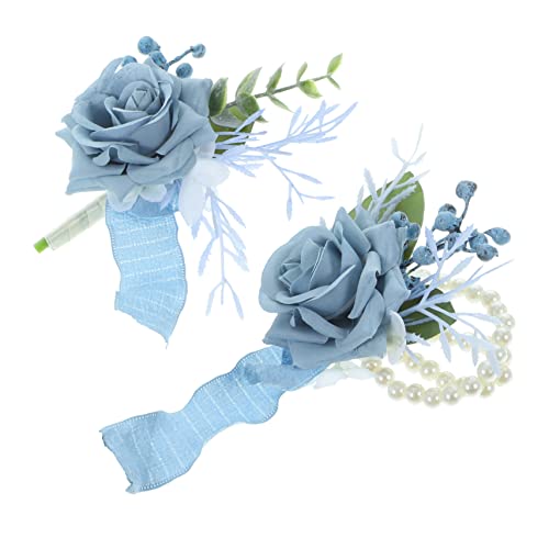 TOVINANNA Künstliches Blumenarmband Set für Hochzeiten und Feierlichkeiten Teiliges Set mit Handgefertigtem Handgelenk Corsage und Eleganter Dekoration Hellblau für Bräute und Gäste von TOVINANNA