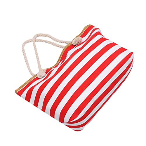 TOVINANNA Leichte Tragbare Canvas Schultertasche mit Gestreiftem Muster Reißverschluss Umweltfreundlich Damenhandtasche für Strand Einkaufen Reisen und Alltag Modisch und Praktisch in Rot von TOVINANNA
