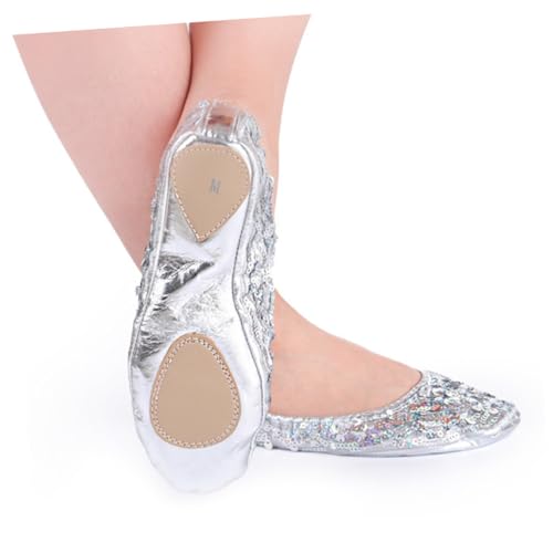 TOVINANNA Rutsch Glitzerschuhe Damen Latein Tanzschuhe mit Rundzehen Stretchband für Bequemen Sitz Langlebiges Material Silber für Ballet und Tanztraining von TOVINANNA