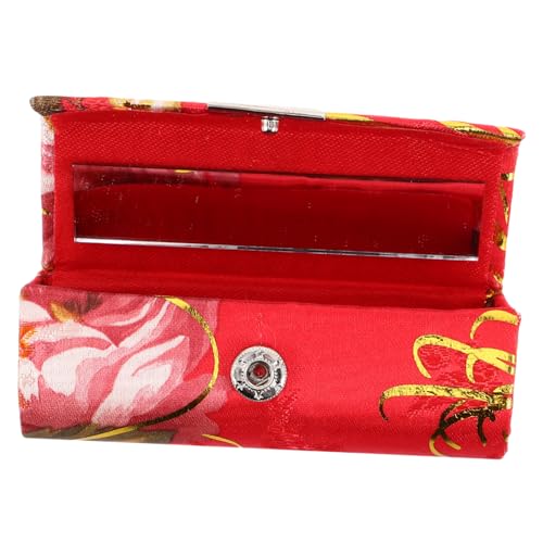 TOVINANNA Seiden-lippenstifthalter Mit Spiegel Und Besticktem Blumenmuster Tragbarer Make-up-Organizer Im Vintage-Stil Für Damen Rot von TOVINANNA