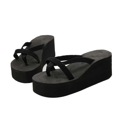 TOVINANNA Sommer Damen Keilabsatz Slipper Schwarz Plateau Sandalen Leicht Anti-rutsch Strand Flops Freizeit Schuhe Geeignet für Outdoor Indoor von TOVINANNA