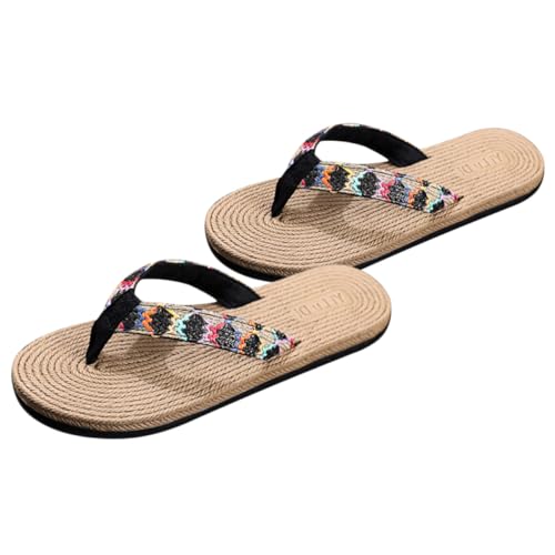 TOVINANNA Sommerliche Damen Flache Sandalen Rutschfeste Strand slipper Simuliertes Strohgeflecht Leichte Outdoor Flip flops Bequeme Freizeitpantoletten Schwarz von TOVINANNA