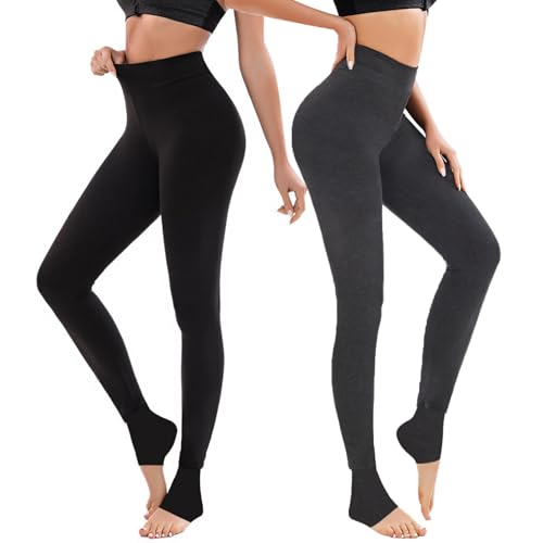 TOWINGO 2 Stück Thermo Leggings für Damen, Thermoleggings Winter, Hoher Taille Warme Gefütterte Leggings Mädchen, Schwarz + Grau von TOWINGO