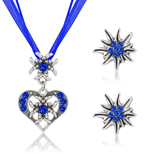 TOWLEING 3 Stück Dirndl Schmuck Damen Set Wiesn Traditionell Dirndl Schmuck Accessoires Trachtenkette & Ohrstecker mit Herz Design und Glitzersteinen für Dirndl Trachten von TOWLEING