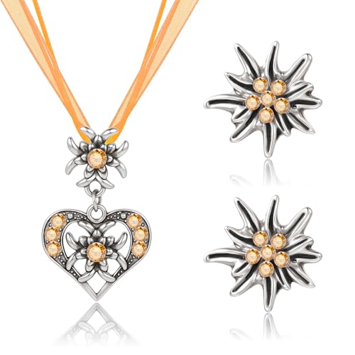 TOWLEING 3 Stück Dirndl Schmuck Damen Set Wiesn Traditionell Dirndl Schmuck Accessoires Trachtenkette & Ohrstecker mit Herz Design und Glitzersteinen für Dirndl Trachten von TOWLEING