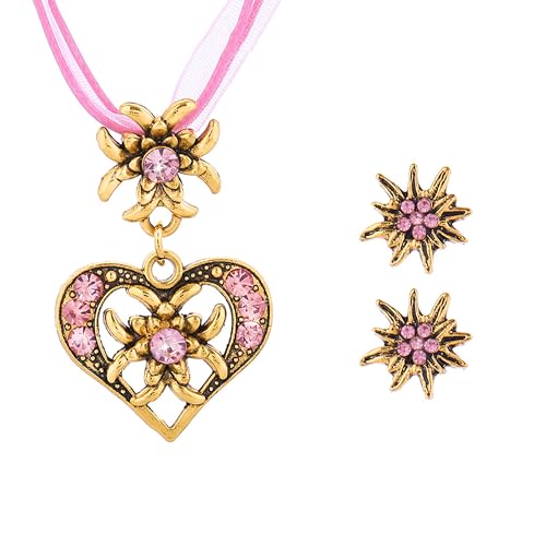 TOWLEING 3 Stück Dirndl Schmuck Damen Set Wiesn Traditionell Dirndl Schmuck Accessoires Trachtenkette & Ohrstecker mit Herz Design und Glitzersteinen für Dirndl Trachten von TOWLEING