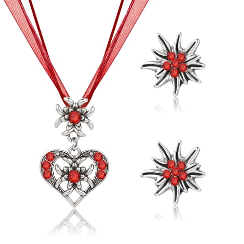 TOWLEING 3 Stück Dirndl Schmuck Damen Set Wiesn Traditionell Dirndl Schmuck Accessoires Trachtenkette & Ohrstecker mit Herz Design und Glitzersteinen für Dirndl Trachten von TOWLEING