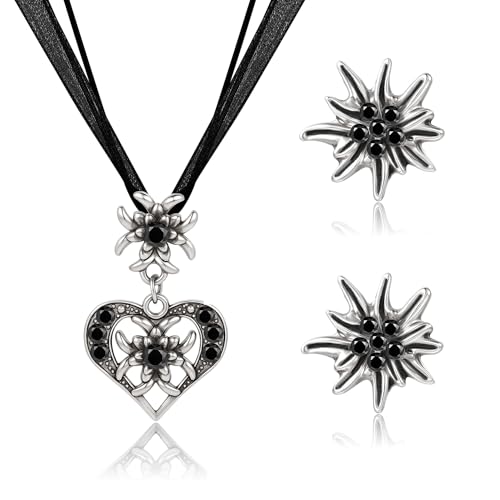 TOWLEING 3 Stück Dirndl Schmuck Damen Set Wiesn Traditionell Dirndl Schmuck Accessoires Trachtenkette & Ohrstecker mit Herz Design und Glitzersteinen für Dirndl Trachten von TOWLEING