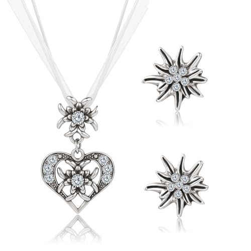 TOWLEING 3 Stück Dirndl Schmuck Damen Set Wiesn Traditionell Dirndl Schmuck Accessoires Trachtenkette & Ohrstecker mit Herz Design und Glitzersteinen für Dirndl Trachten von TOWLEING