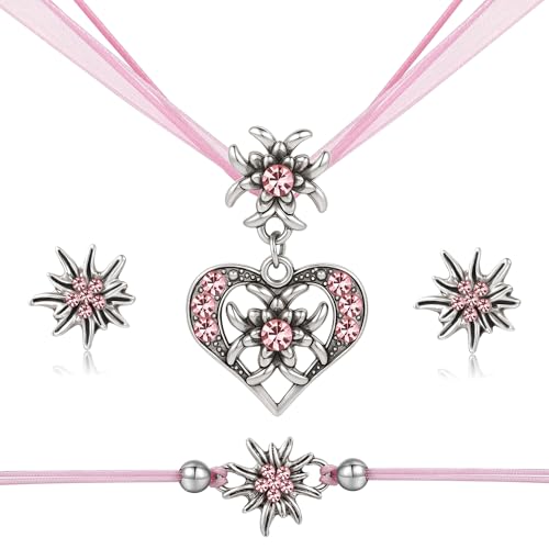 TOWLEING 4 Stück Trachtenschmuck Damen Edelweiß Trachtenkette Armband Ohrstecker Dirndl Schmuck Elegantes Dirndl Schmuck Damen für Dirndl oder Lederhose Hochwertiges Trachtenschmuck Set von TOWLEING