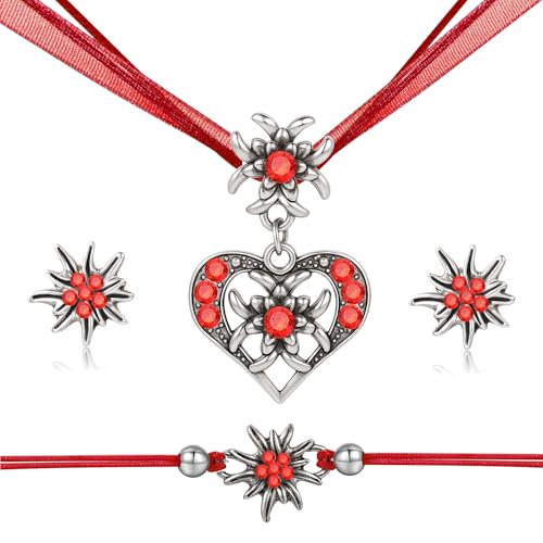TOWLEING 4 Stück Trachtenschmuck Damen Edelweiß Trachtenkette Armband Ohrstecker Dirndl Schmuck Elegantes Dirndl Schmuck Damen für Dirndl oder Lederhose Hochwertiges Trachtenschmuck Set von TOWLEING