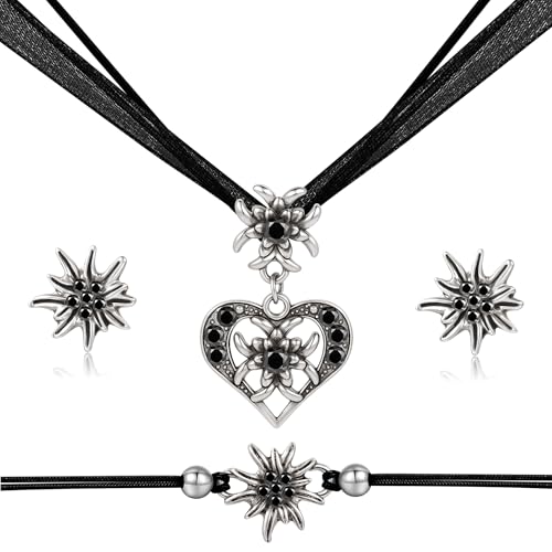 TOWLEING 4 Stück Trachtenschmuck Damen Edelweiß Trachtenkette Armband Ohrstecker Dirndl Schmuck Elegantes Dirndl Schmuck Damen für Dirndl oder Lederhose Hochwertiges Trachtenschmuck Set von TOWLEING