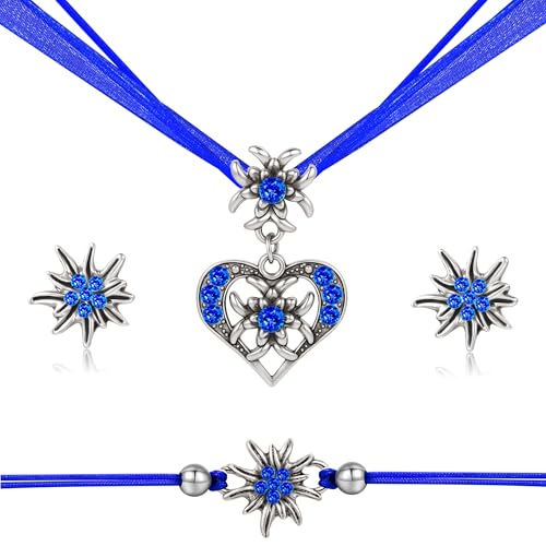TOWLEING 4 Stück Trachtenschmuck Damen Edelweiß Trachtenkette Armband Ohrstecker Dirndl Schmuck Elegantes Dirndl Schmuck Damen für Dirndl oder Lederhose Hochwertiges Trachtenschmuck Set von TOWLEING