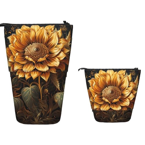 TOXOCMDKLE Federmäppchen, großes Fassungsvermögen, Teleskop-Federtasche, Sonnenblume auf schwarzem Hintergrund, Stifthalter, Pop-Up-Schreibwarenetui, einziehbare Stehstifte, Make-up-Kosmetiktasche für von TOXOCMDKLE